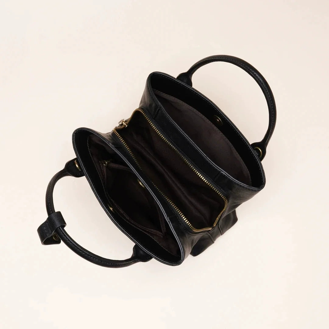 Black Waxed Leather Mini Structured Tote with Crossbody Strap