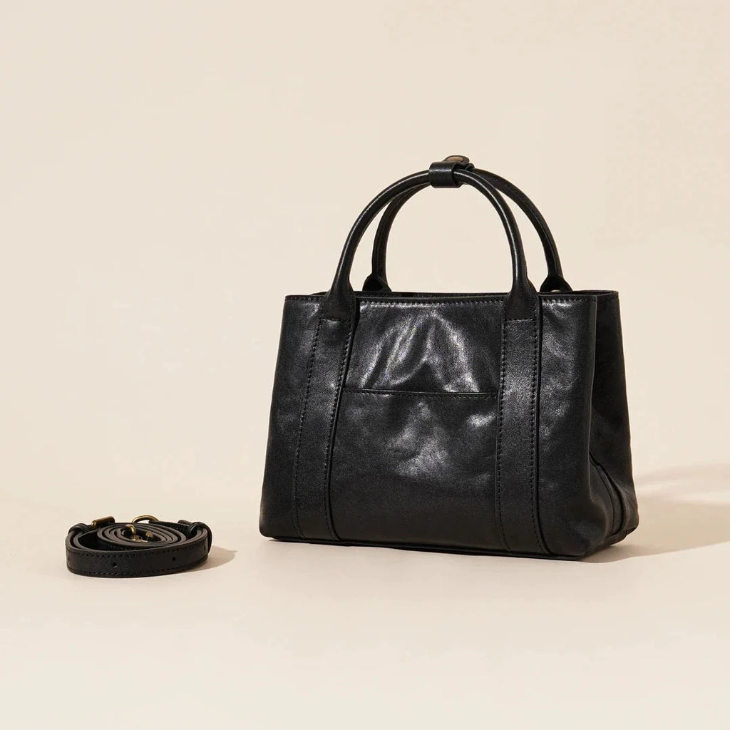 Black Waxed Leather Mini Structured Tote with Crossbody Strap