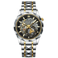 VAVA VOOM Skeleton Automatic Watch Faceted Black Ceramic Bezel Gold Inner Ring Two-Tone Pyramid Link Bracelet Men