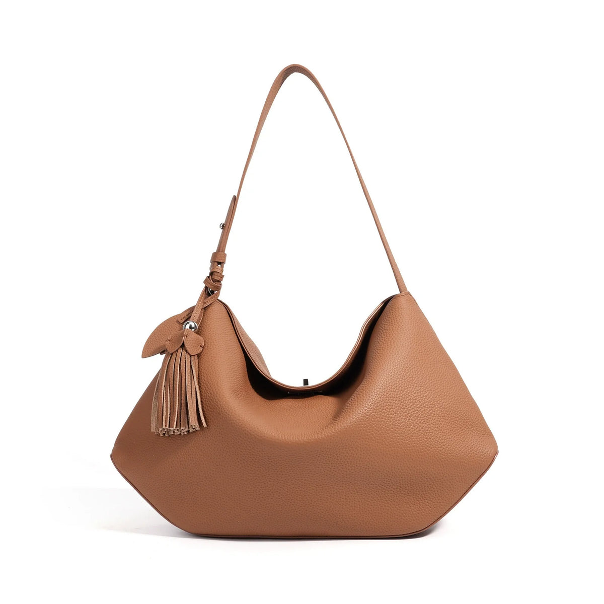 Cognac Pebbled Leather Geometric Hobo Shoulder Bag with Tassel Charm