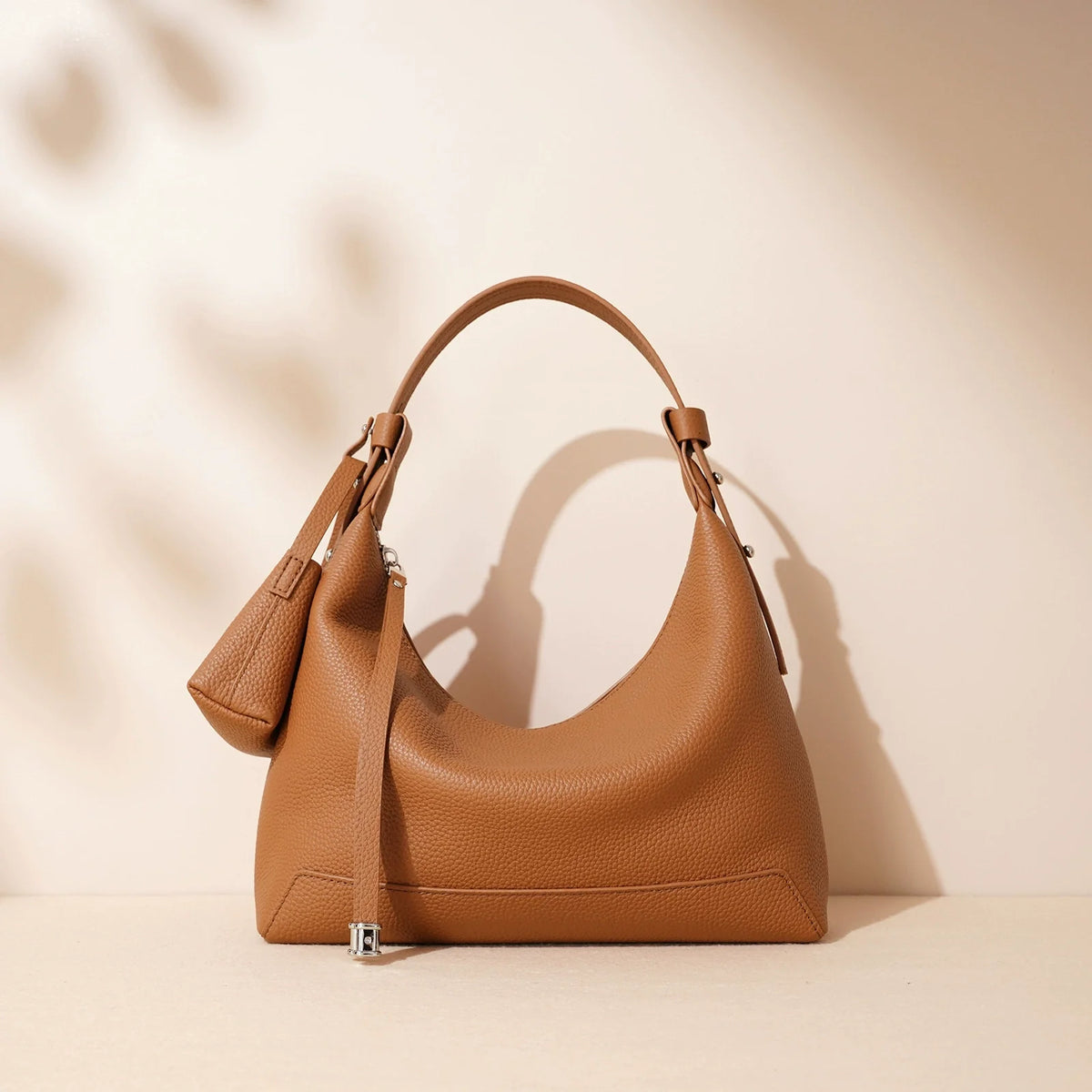 Tan Pebbled Leather Large Hobo with Zip Closure and Tassel Pull