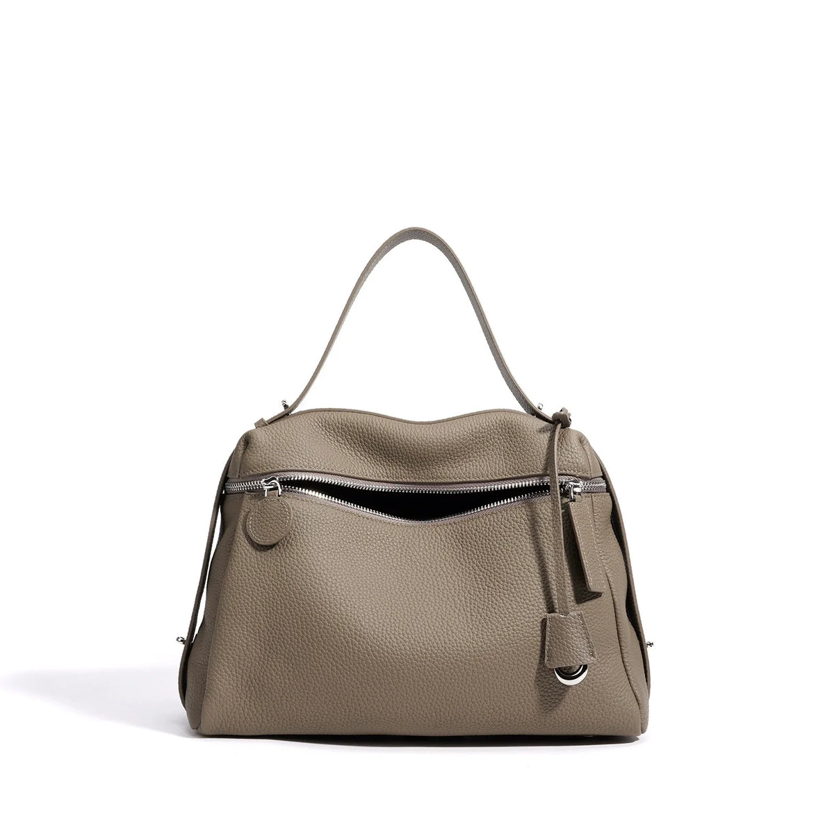 Etoupe Pebbled Leather Demi-Lune Shoulder Bag with Front Zip Pocket