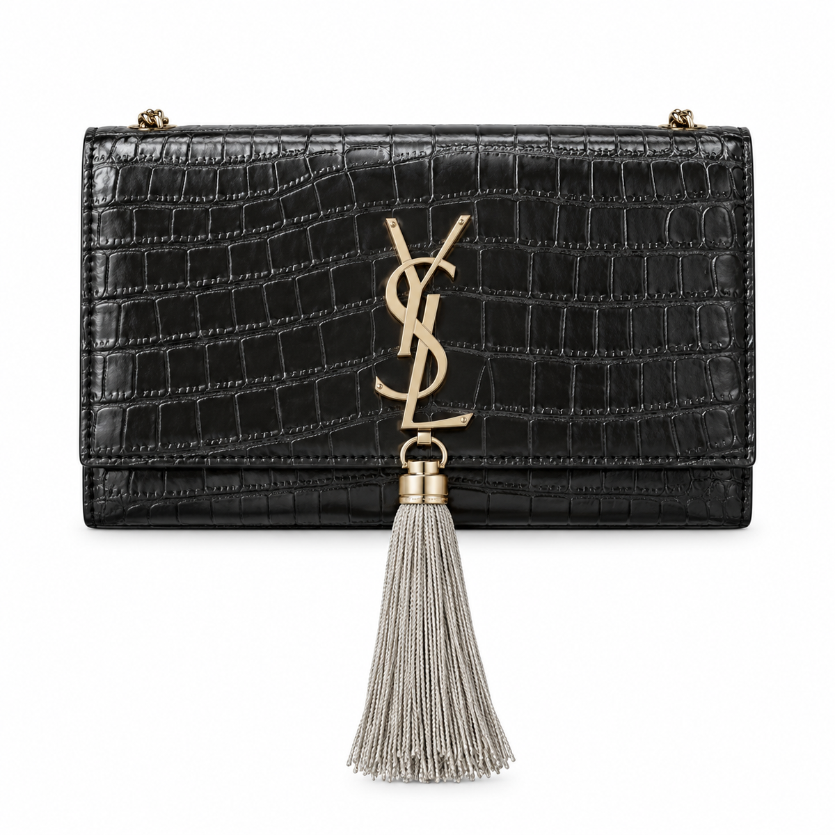 Saint Laurent YSL Kate Tassel chain crossbody bag in black croc-embossed patent leather with oversized gold YSL monogram and silver silk tassel